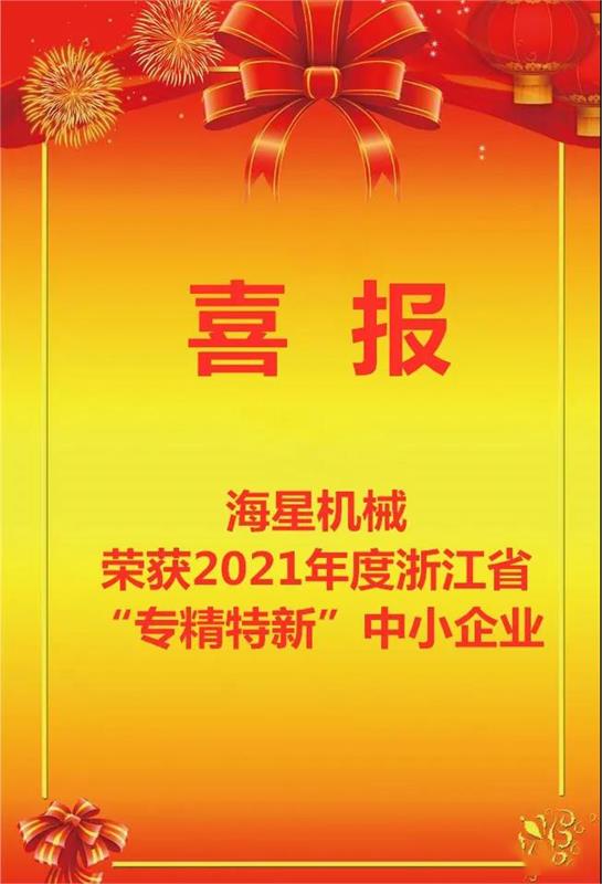 喜报!海星机械获评2021年度浙江省“专精特新”中小企业